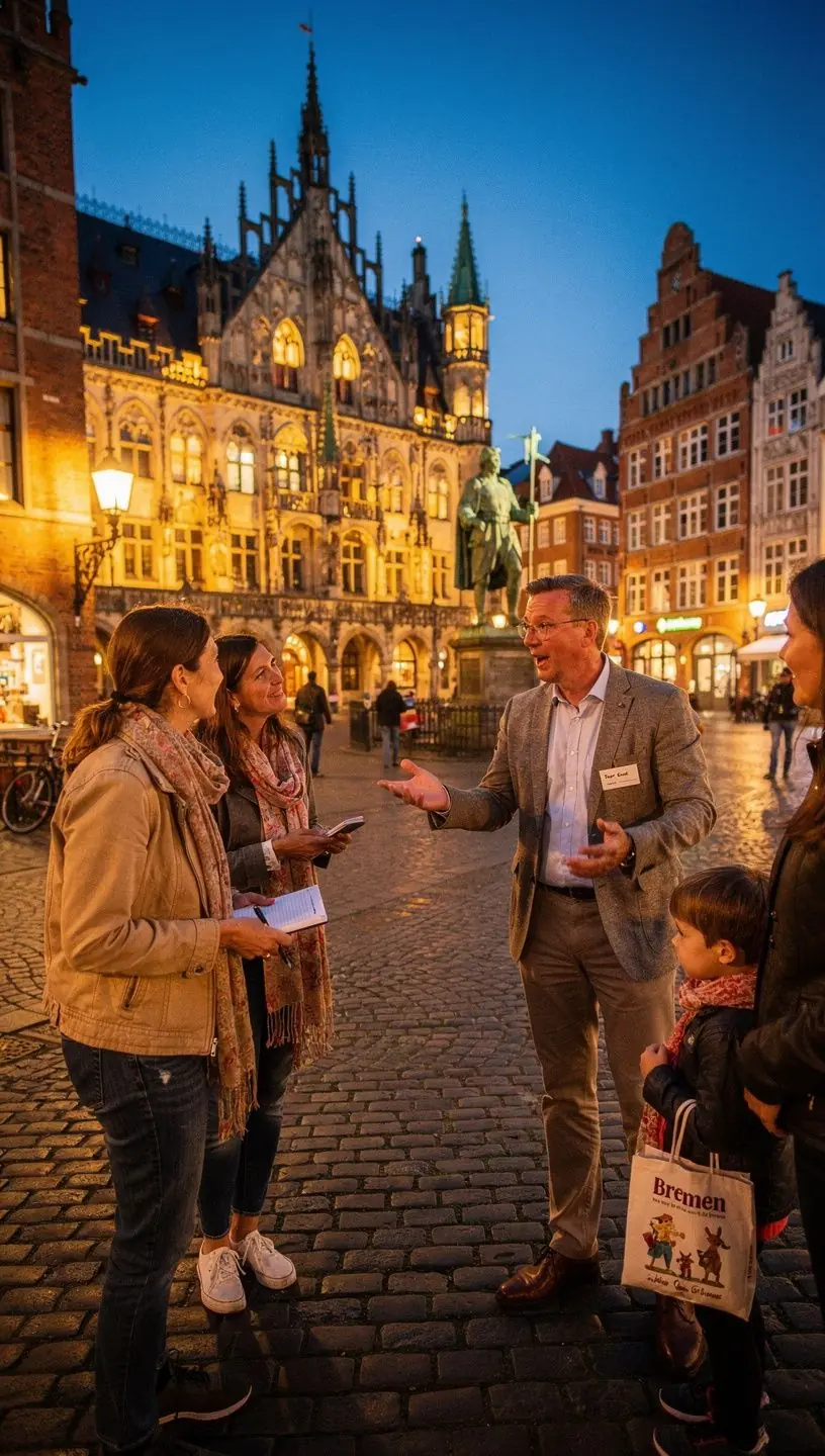 Besucher betrachten eine Infotafel mit Zeitstrahl zur Geschichte der Stadt während eines Spaziergangs.